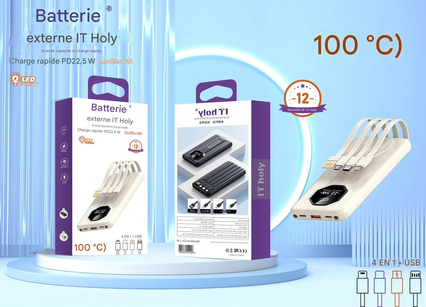 đ Batterie Externe IT Holy â 20000mAh 4-en-1 avec Charge Rapide PD22.5W & CĂąbles IntĂ©grĂ©s