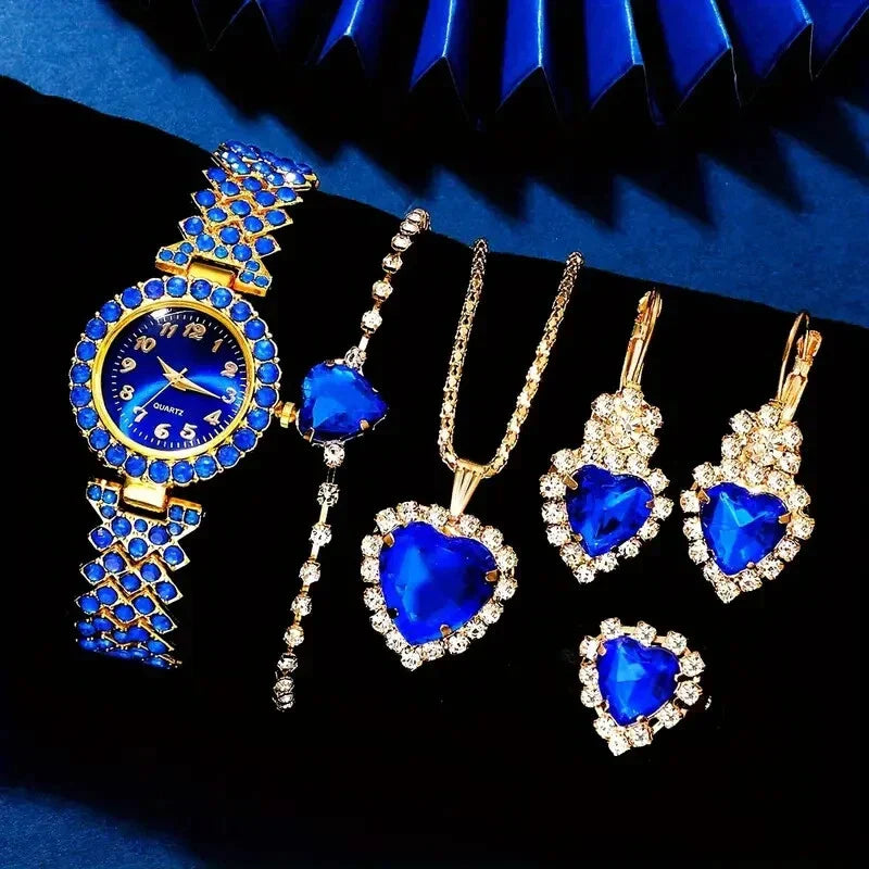 đâš Montre Femme Bleu & Or + Ensemble de Bijoux Strass â ĂlĂ©gance & Glamour