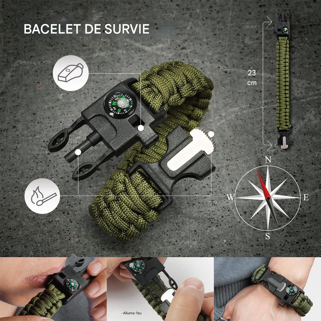đą Bracelet de Survie Paracorde 5-en-1 â Camping & Outdoor (Unisexe)