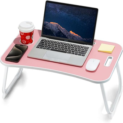 💻 Table de lit pliante pour ordinateur portable avec tiroir, porte-gobelet et support de téléphone – Bois Noyer