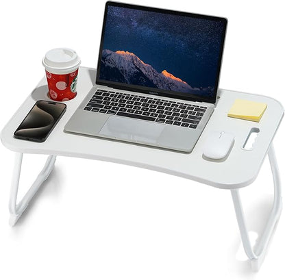 💻 Table de lit pliante pour ordinateur portable avec tiroir, porte-gobelet et support de téléphone – Bois Noyer