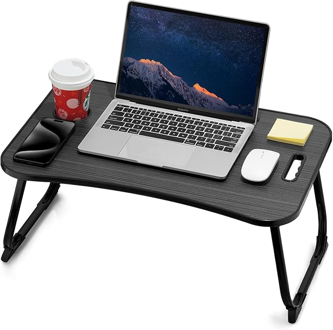 💻 Table de lit pliante pour ordinateur portable avec tiroir, porte-gobelet et support de téléphone – Bois Noyer