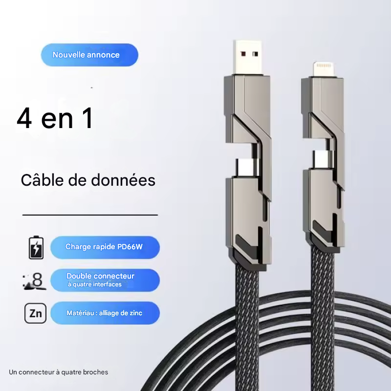 ⚡️📱 Câble de Données 4-en-1 – Charge Ultra-Rapide & Multi-Appareils !